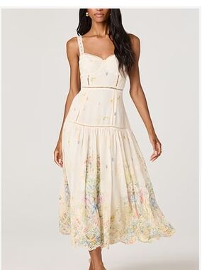 Women's Cream Floral Midi Dress with Lace-Trimmed Straps